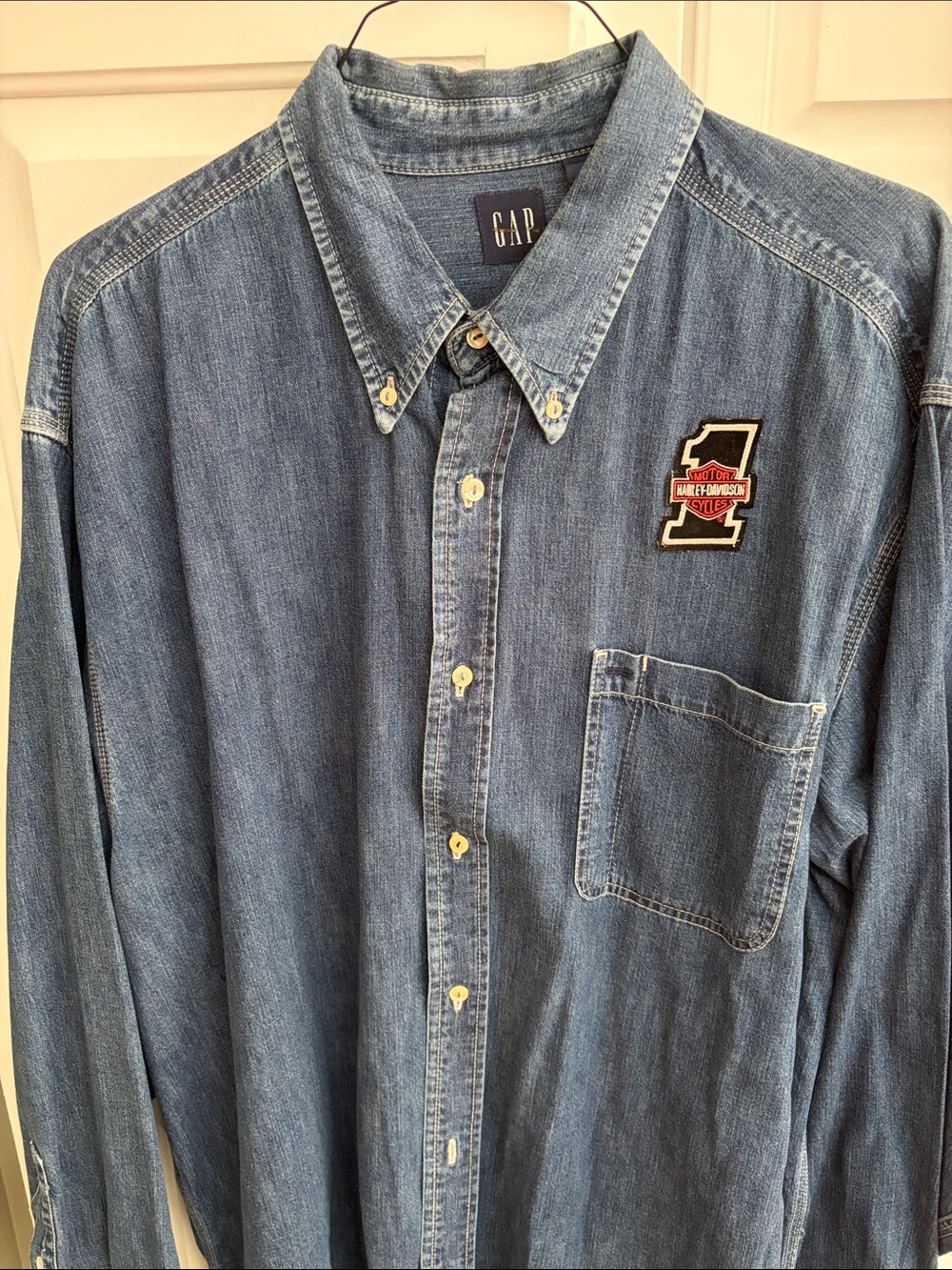 GAP Men’s Denim Button-Down Shirt in Blue with Harley Davidson logo